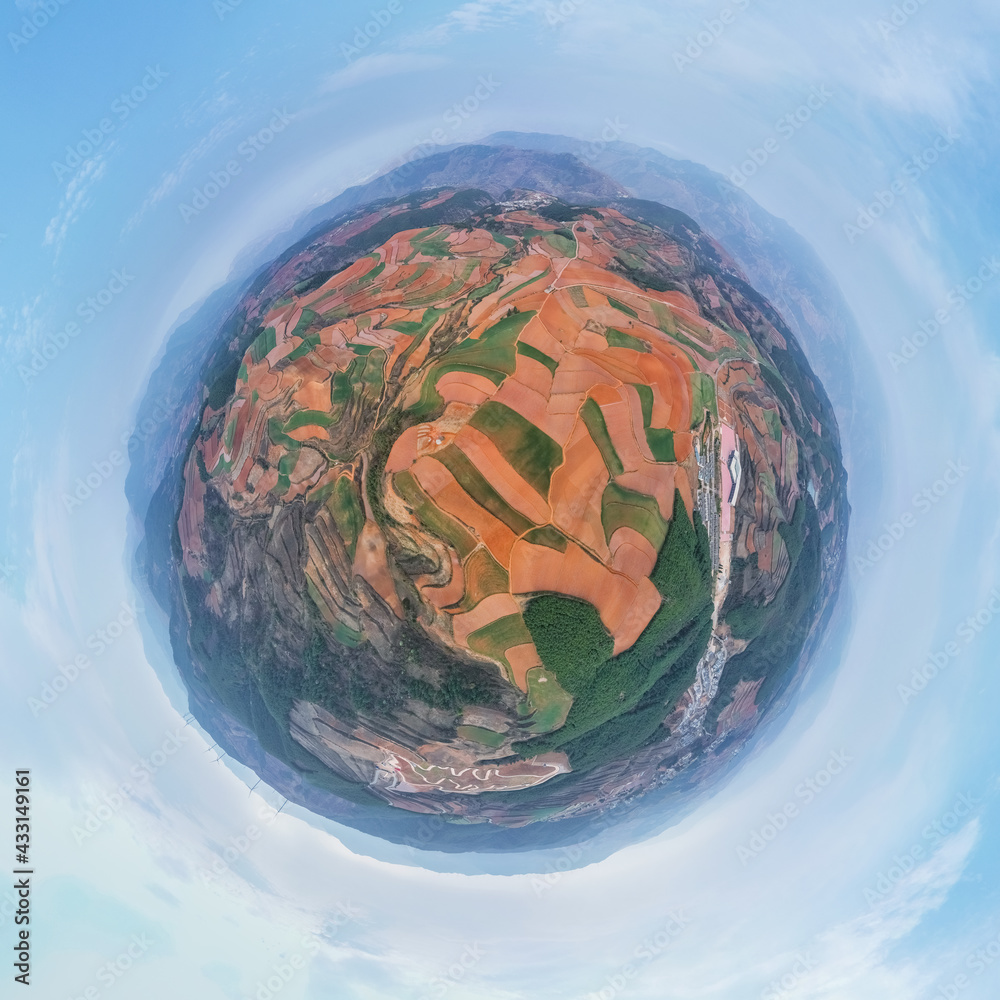 spherical panorama of the yunnan red land landscape