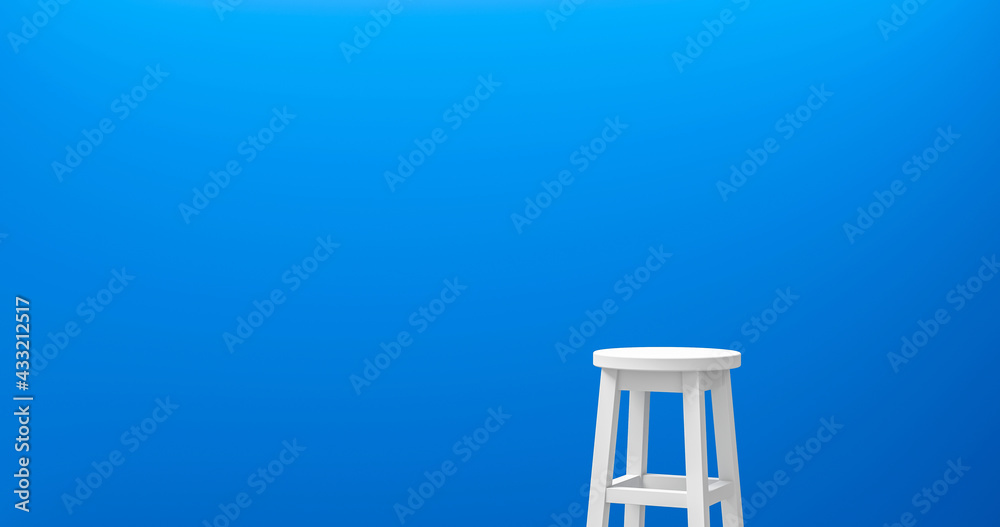 蓝色背景的白色现代座椅家具设计，咖啡馆装饰。3D渲染。