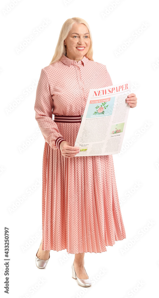 Mature woman with newspaper on white background