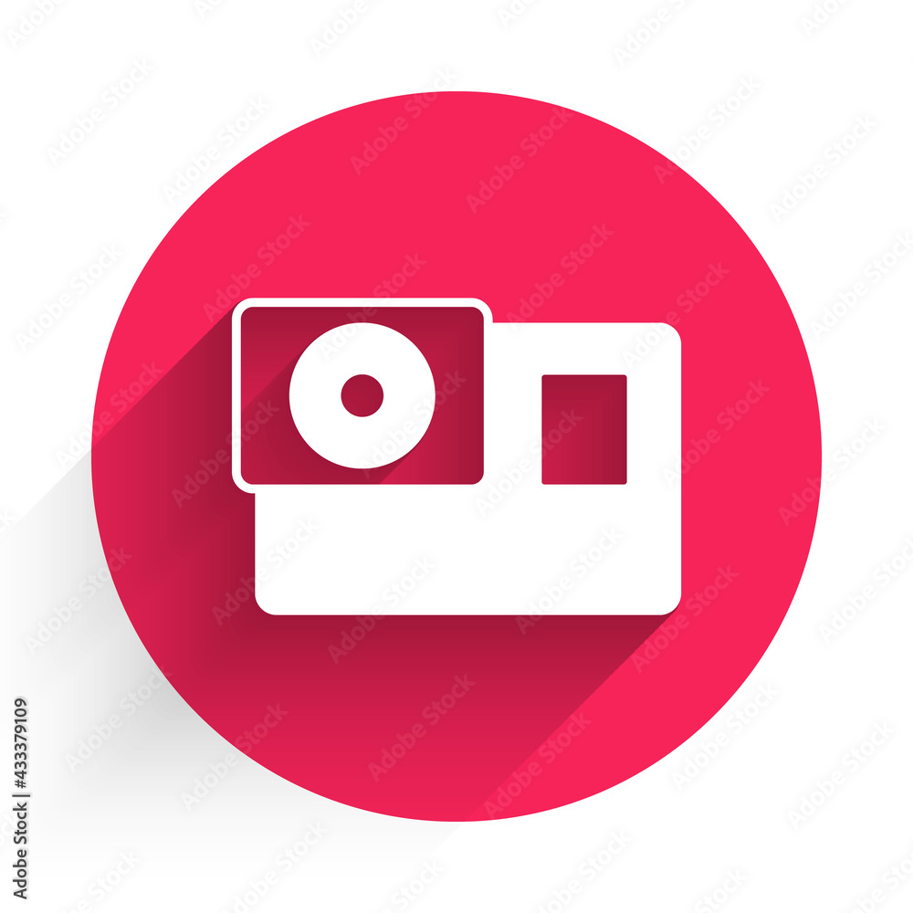 White Action extreme camera icon isolated with long shadow. Video camera equipment for filming extre