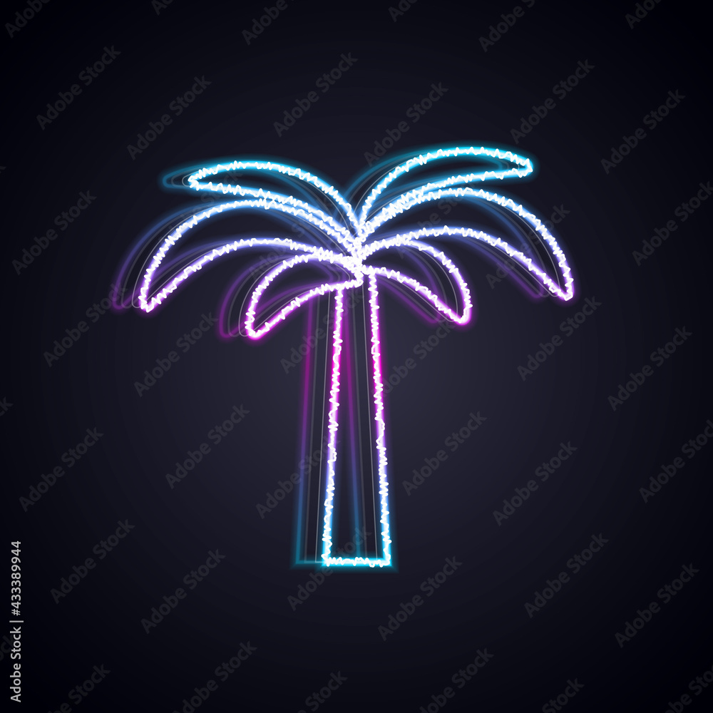 闪闪发光的霓虹线黑色背景上孤立的热带棕榈树图标。椰子棕榈树。矢量