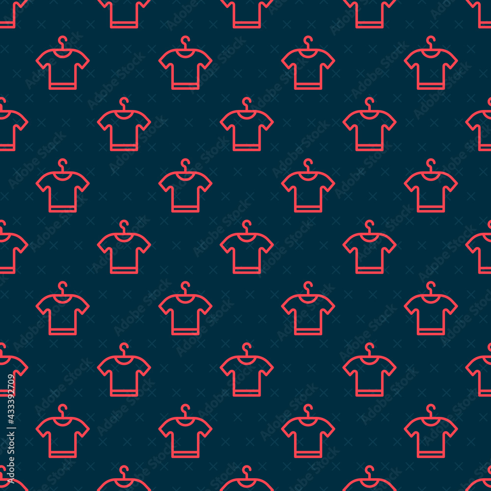 Red line T-shirt icon isolated seamless pattern on black background. Vector