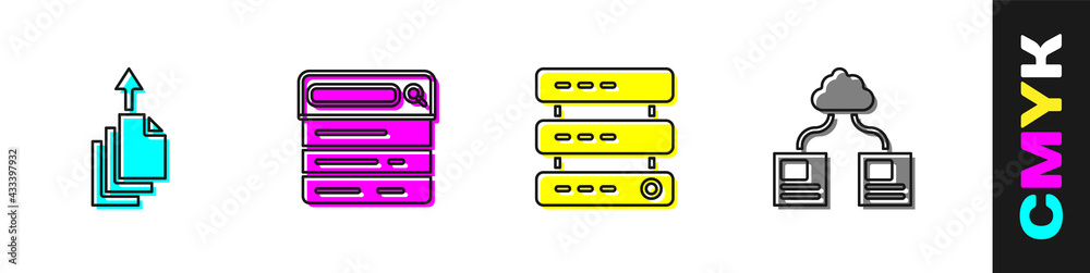 Set Data export, Search engine, Server, Data, Web Hosting and Cloud technology data transfer icon. V