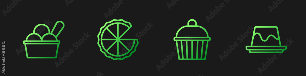 Set line Cake, Ice cream in bowl, Homemade pie and Pudding custard. Gradient color icons. Vector