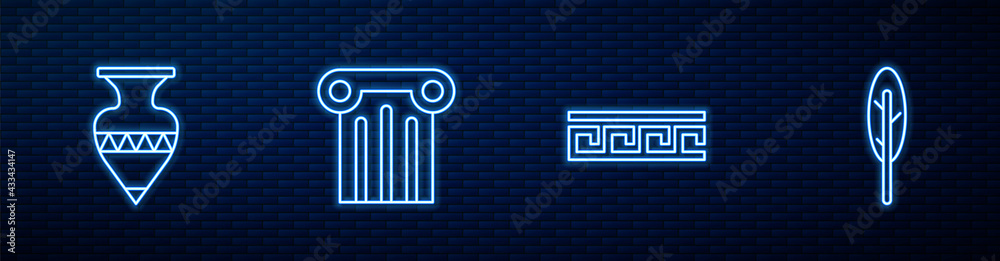 Set line Ancient Greek pattern, amphorae, column and Feather pen. Glowing neon icon on brick wall. V