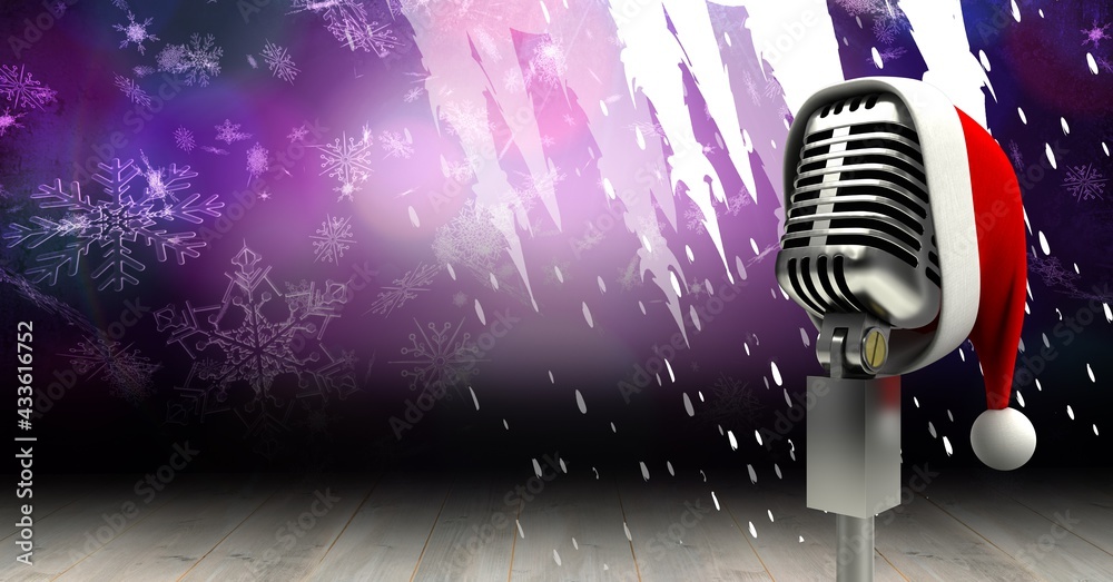 紫色雪花背景上的复古麦克风，表演和节日概念