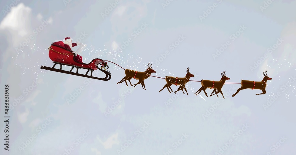 Composition of santa claus in sleigh pulled by reindeer on clouds background