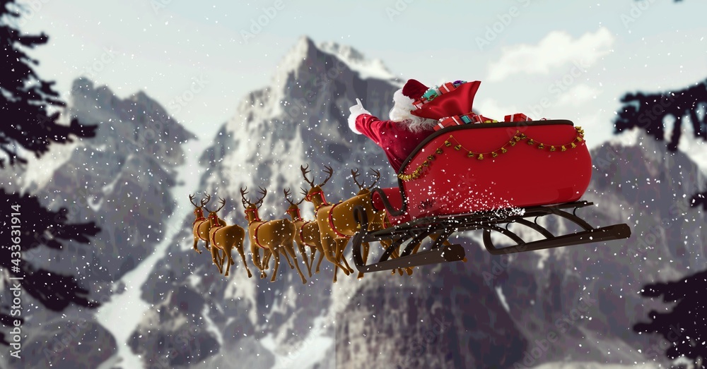 背景是驯鹿拉着雪橇在山上的圣诞老人