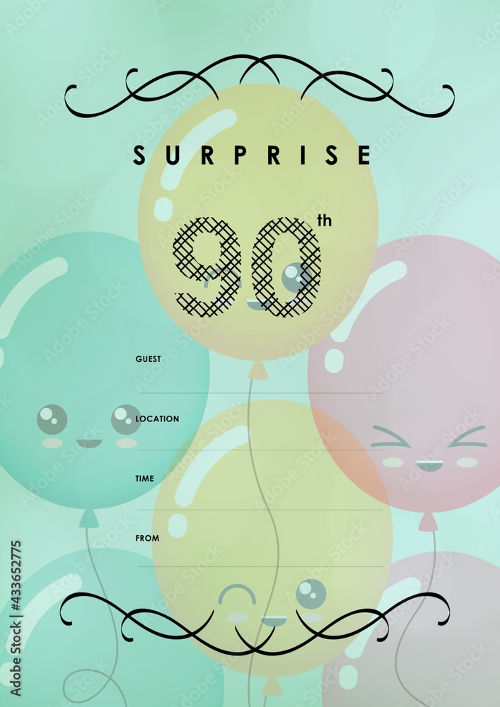 Composition of surprise 90th with copy space and balloons pattern on green background