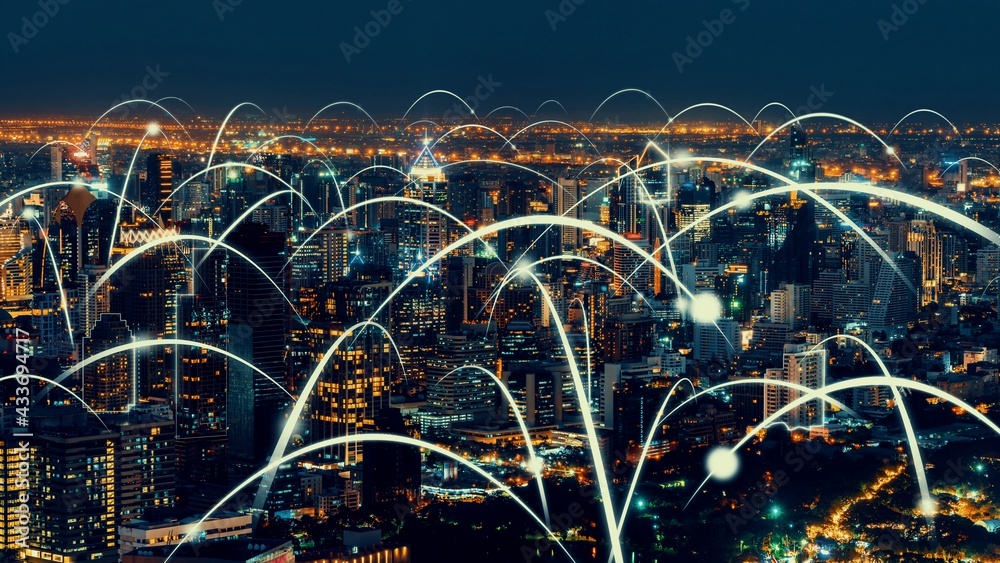 Smart digital city with globalization abstract graphic showing connection network . Concept of futur