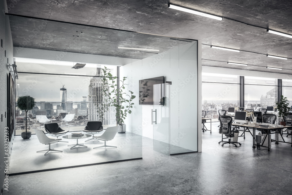 Open Plan Office with Meeting Area - black and white 3D Visualization
