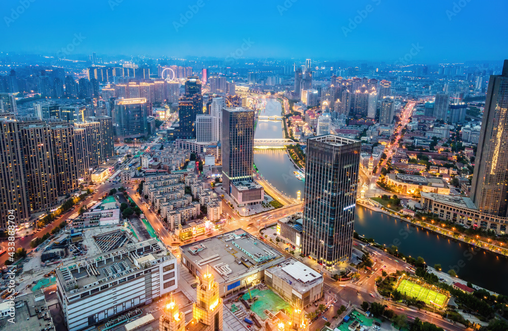 空中拍摄天津城市夜景