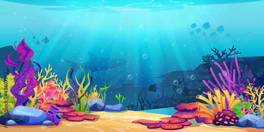 Coral reef underwater world with marine animals silhouettes and algae seaweeds, sea bottom cartoon b