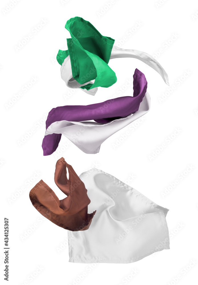 set of flying pieces of fabric on a white background
