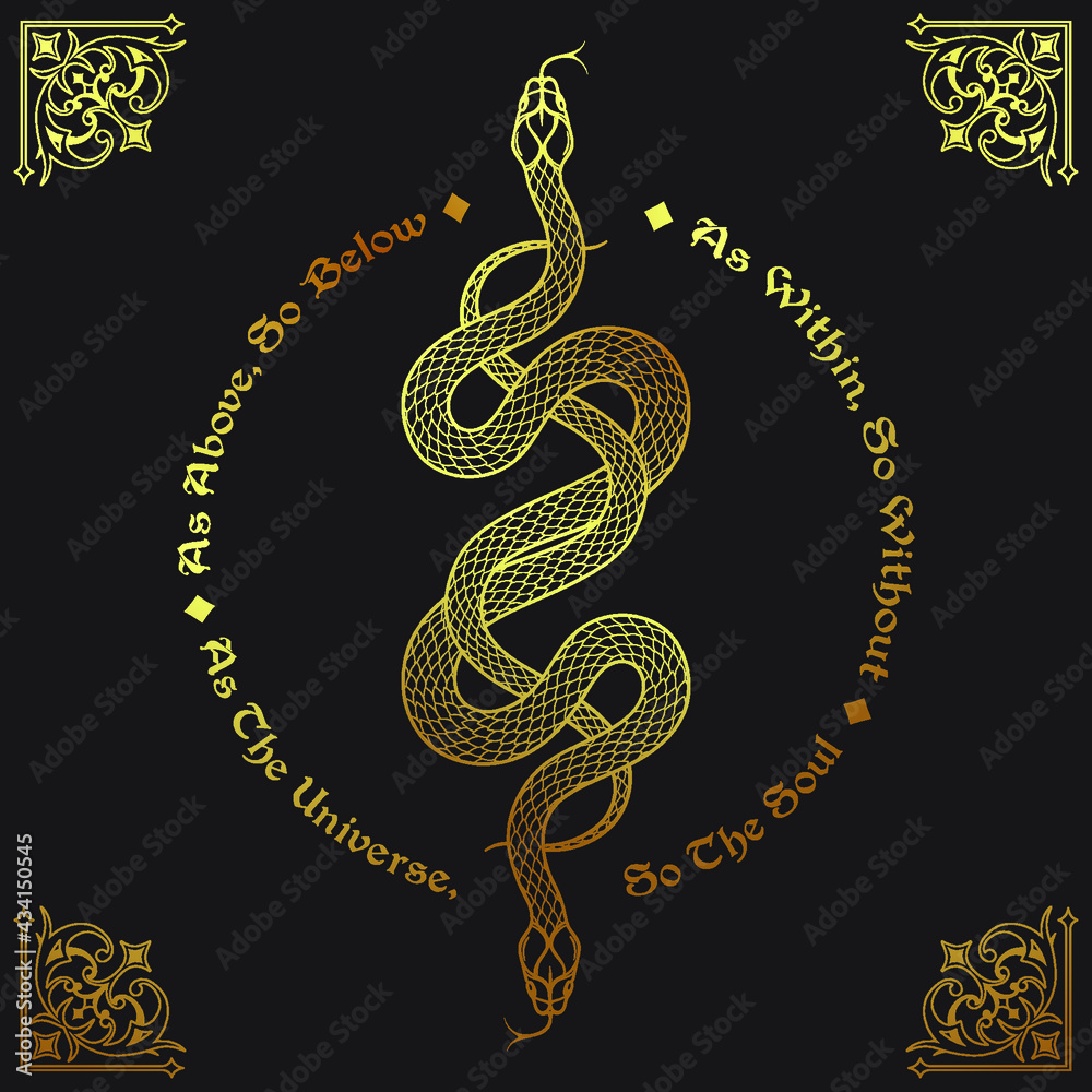 两条金色的蛇交织在一起。铭文是希腊神话和神圣几何的格言。如上所述，