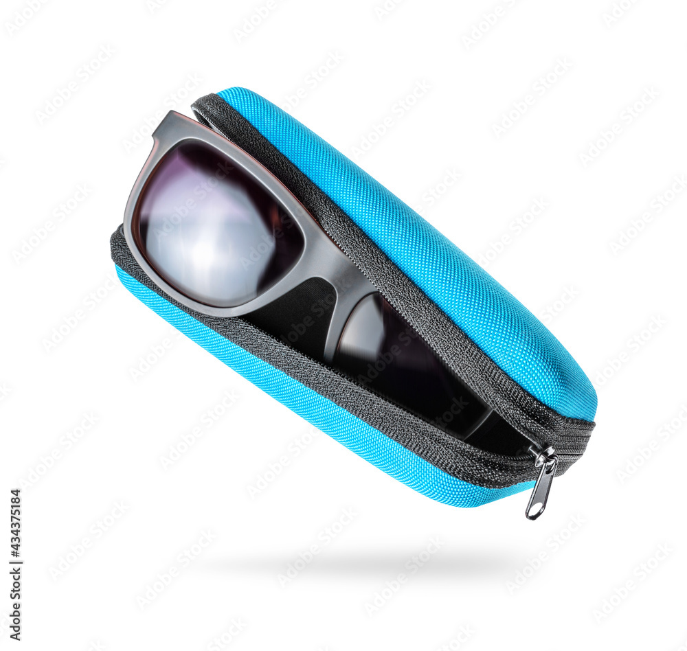 Stylish sunglasses in a blue case, isolated on a white background