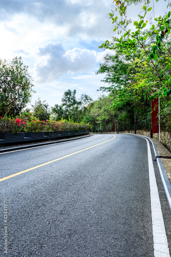Asphalt road and green forest scenery.