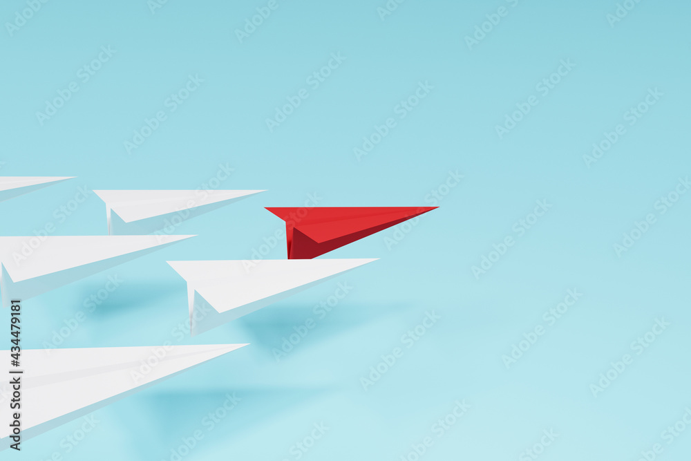领导力概念。红纸飞机在青色背景下的白色中领先。三维插图