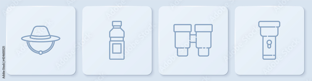 Set line Camping hat, Binoculars, Bottle of water and Flashlight. White square button. Vector