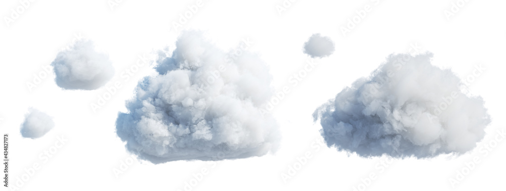 3d渲染，一组抽象蓬松的云，孤立在白色背景上，积云剪贴画收藏