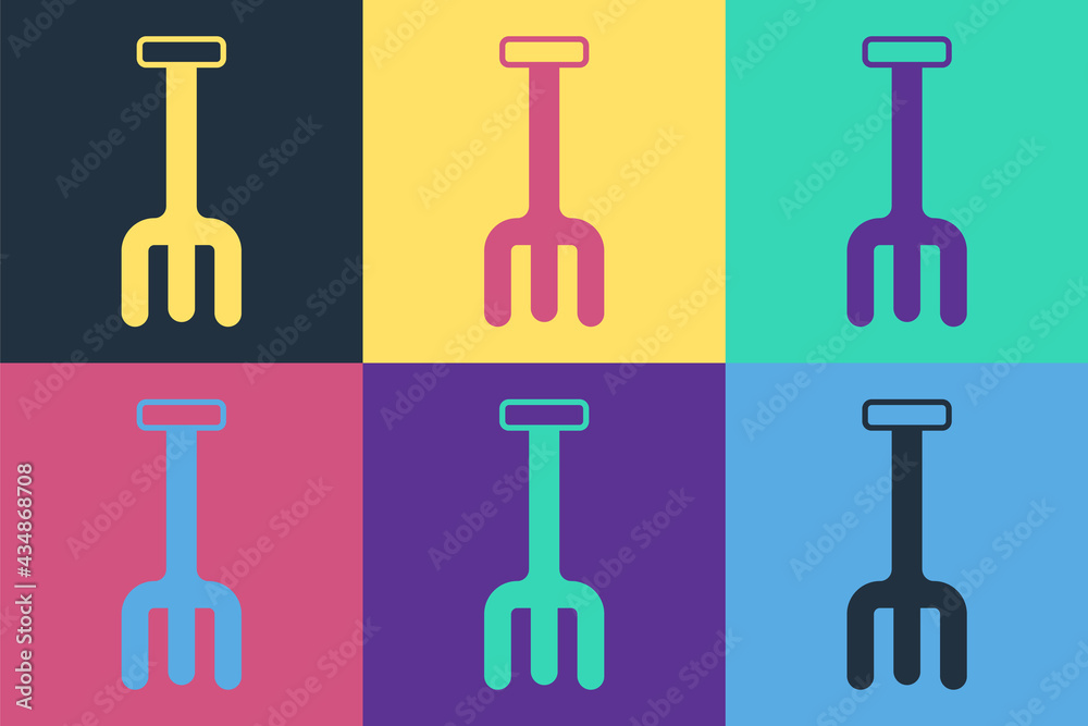 Pop art Garden rake icon isolated on color background. Tool for horticulture, agriculture, farming. 