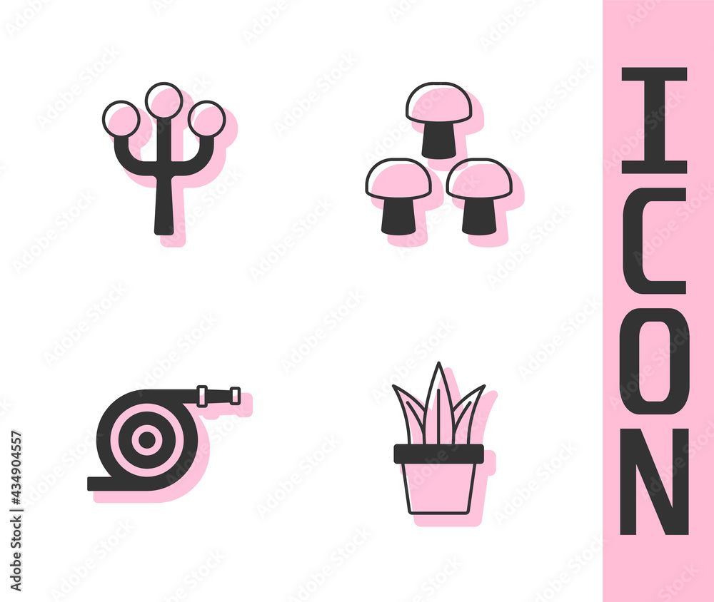 Set Plant in pot, Blossom tree branch, Garden hose and Mushroom icon. Vector