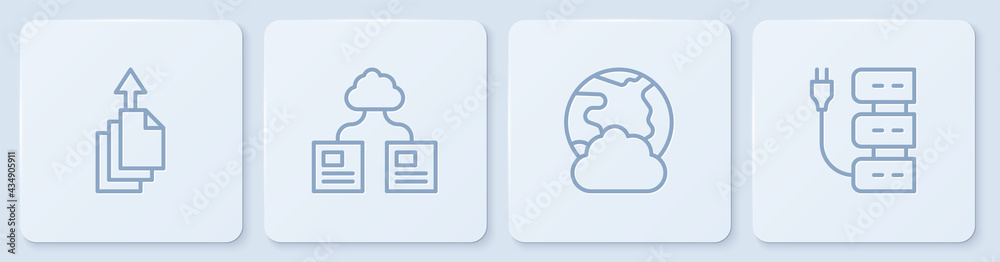 Set line Data export, Social network, Cloud technology data transfer and Server. White square button