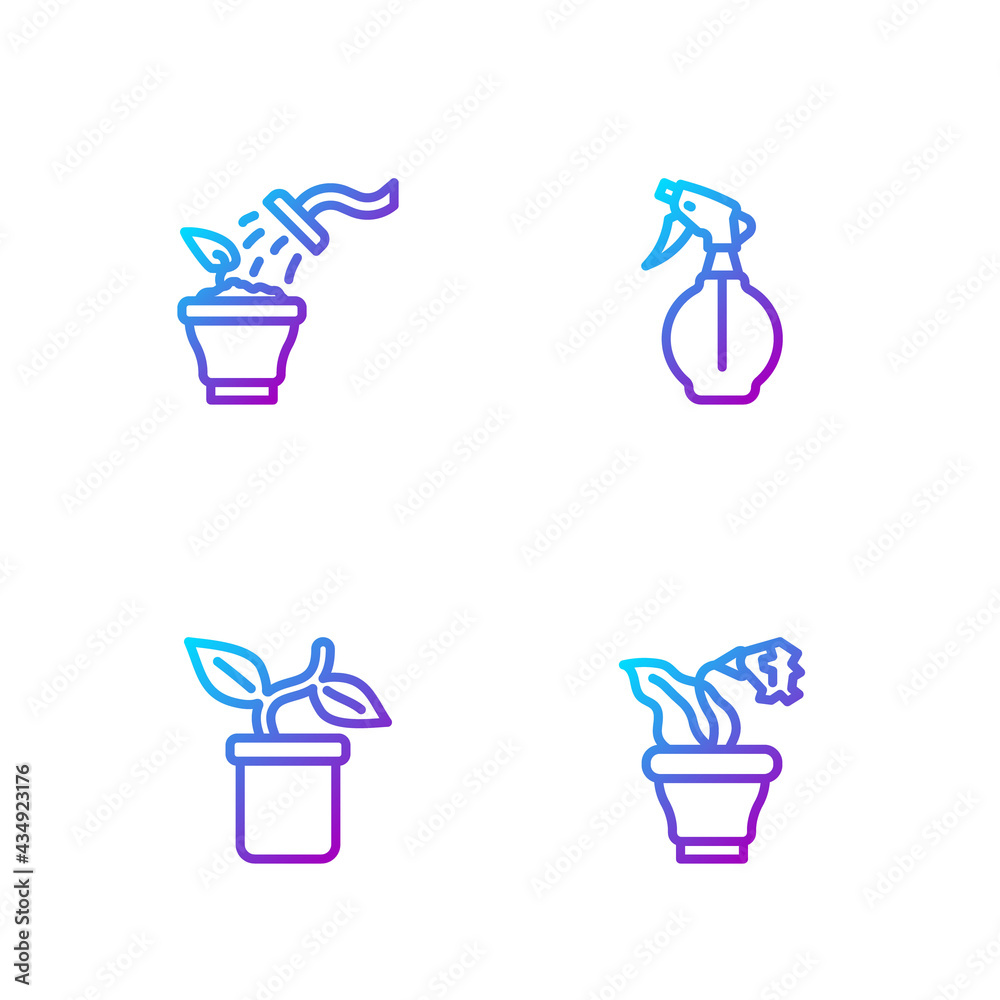 Set line Flower in pot, Plant, Spraying plant and Water spray bottle. Gradient color icons. Vector