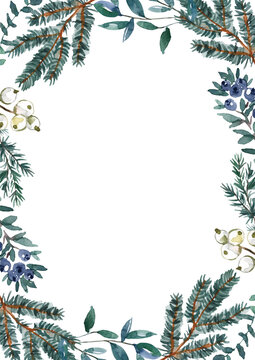带有水彩冬季绿植、冷杉、云杉树枝、白色背景上蓝色叶子的圣诞贺卡。用于设计的矩形框架。植物节日边框，邀请函模板。