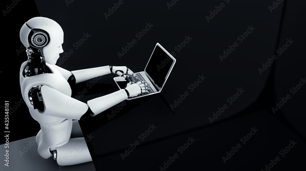 人形机器人使用笔记本电脑，在未来的办公室坐在桌子旁，同时使用人工智能思维大脑，人工智能