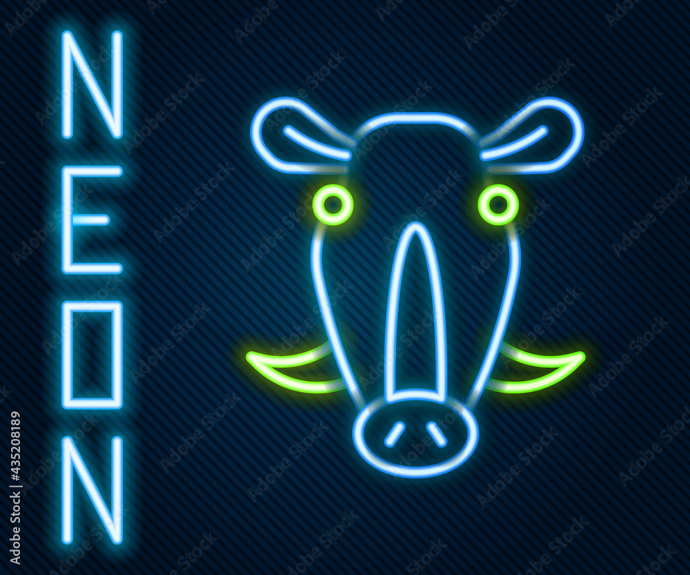 闪亮的霓虹灯线条黑色背景上隔离的野猪头图标。动物符号。彩色轮廓