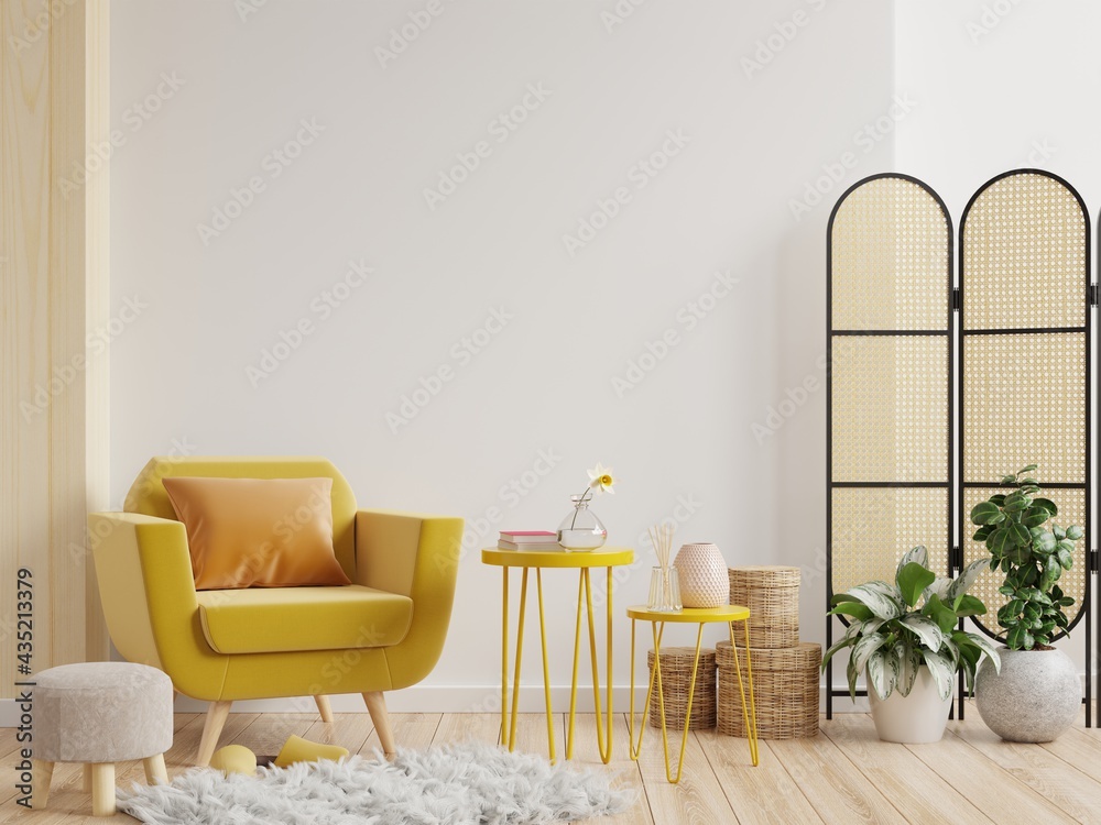 暖色调的客厅内墙模型，白色背景为黄色扶手椅。
