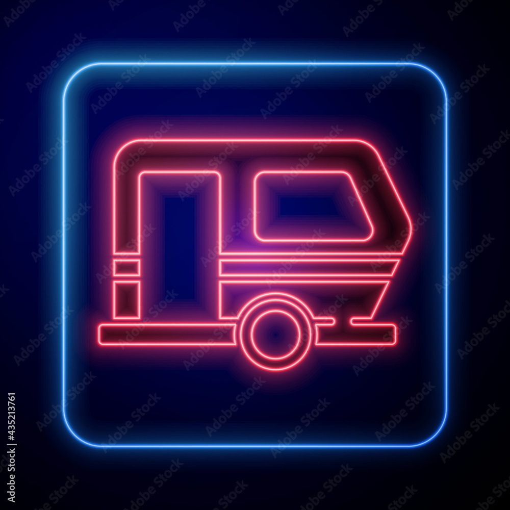 蓝色背景上隔离的霓虹灯Rv露营拖车图标。旅行移动房屋，房车，家
