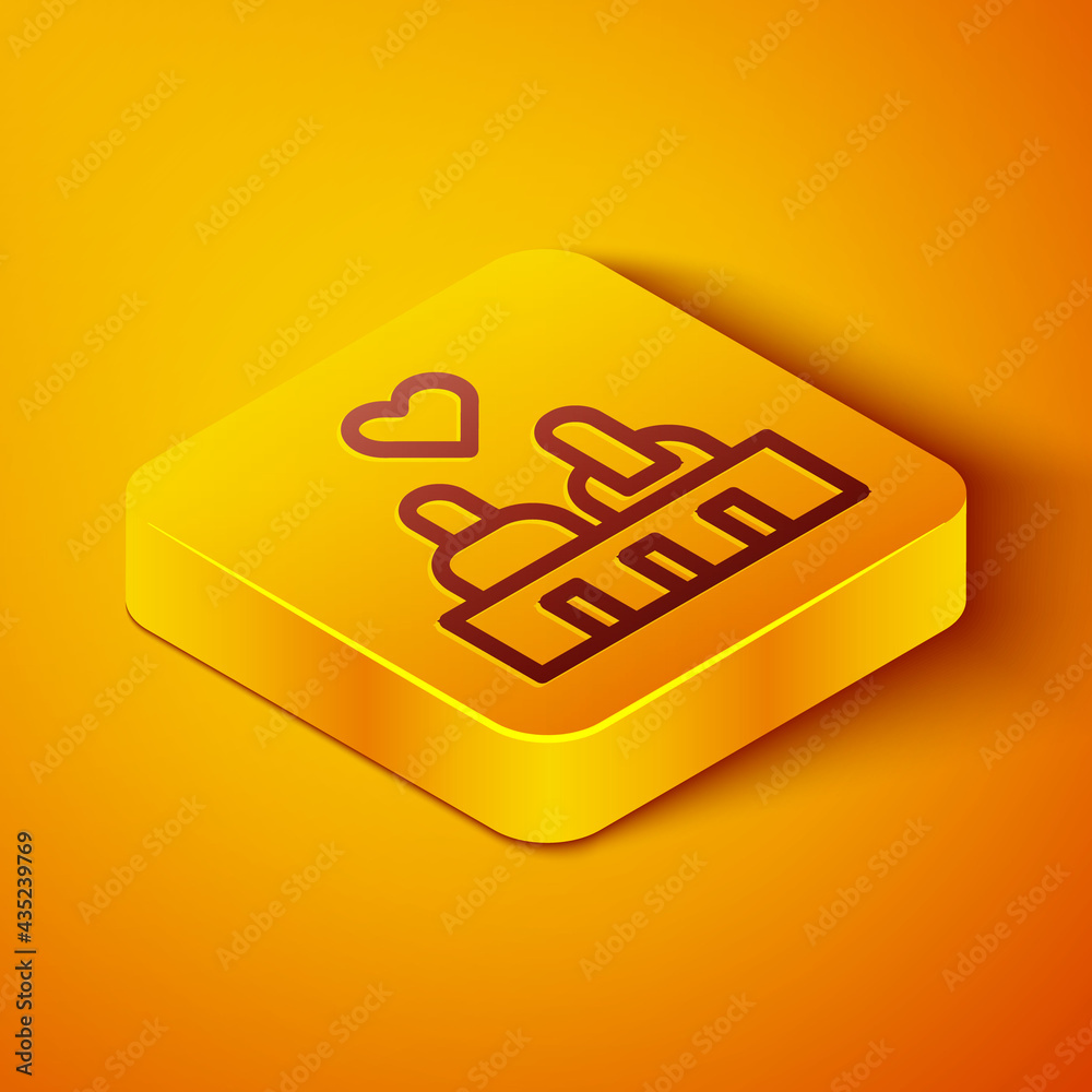 等距线情侣的浪漫剪影坐在长椅上，靠近橙色背部隔离的图标