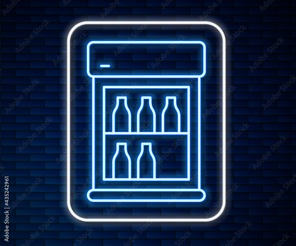 闪闪发光的霓虹灯线商业冰箱，用于储存隔离在砖墙背景上的饮料图标。Pe