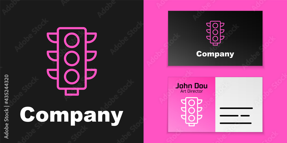 Pink line Traffic light icon isolated on black background. Logo design template element. Vector