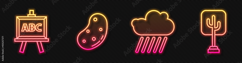 Set line Cloud with rain, Chalkboard, Potato and Tree. Glowing neon icon. Vector