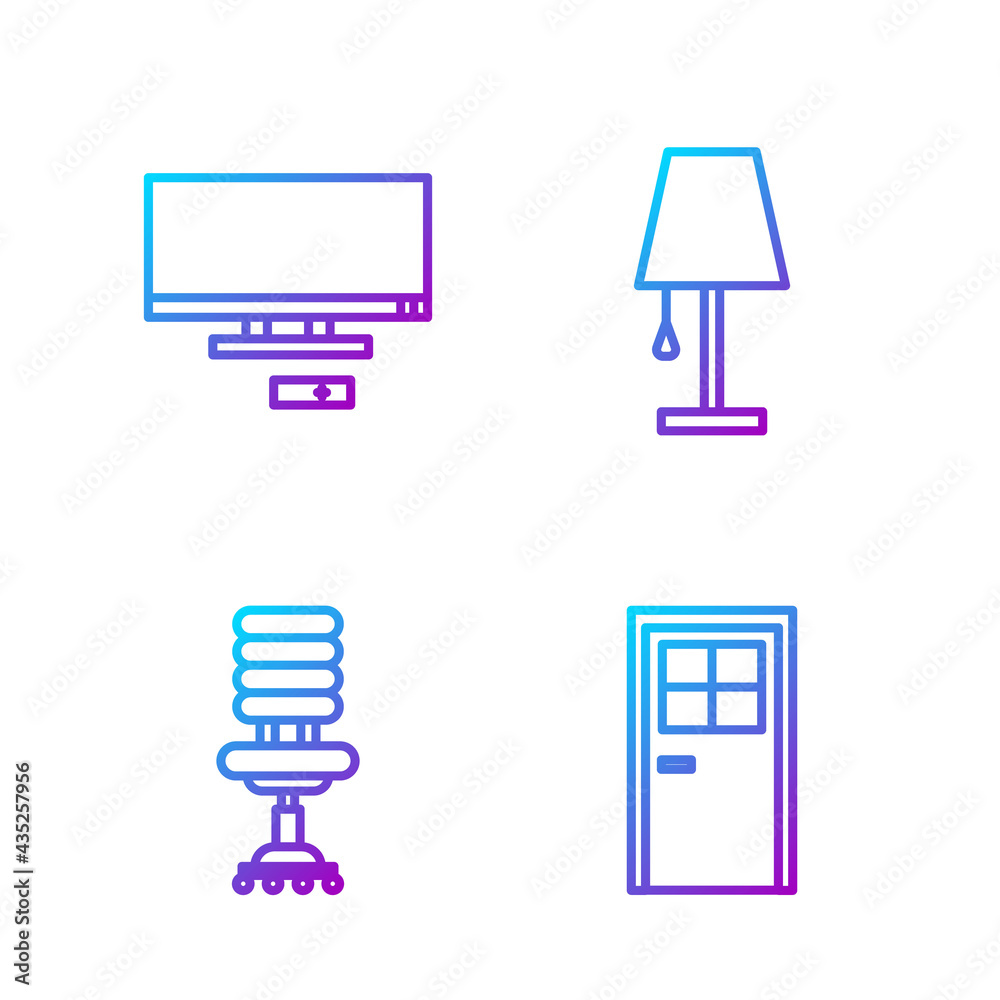 Set line Closed door, Office chair, Smart Tv and Table lamp. Gradient color icons. Vector
