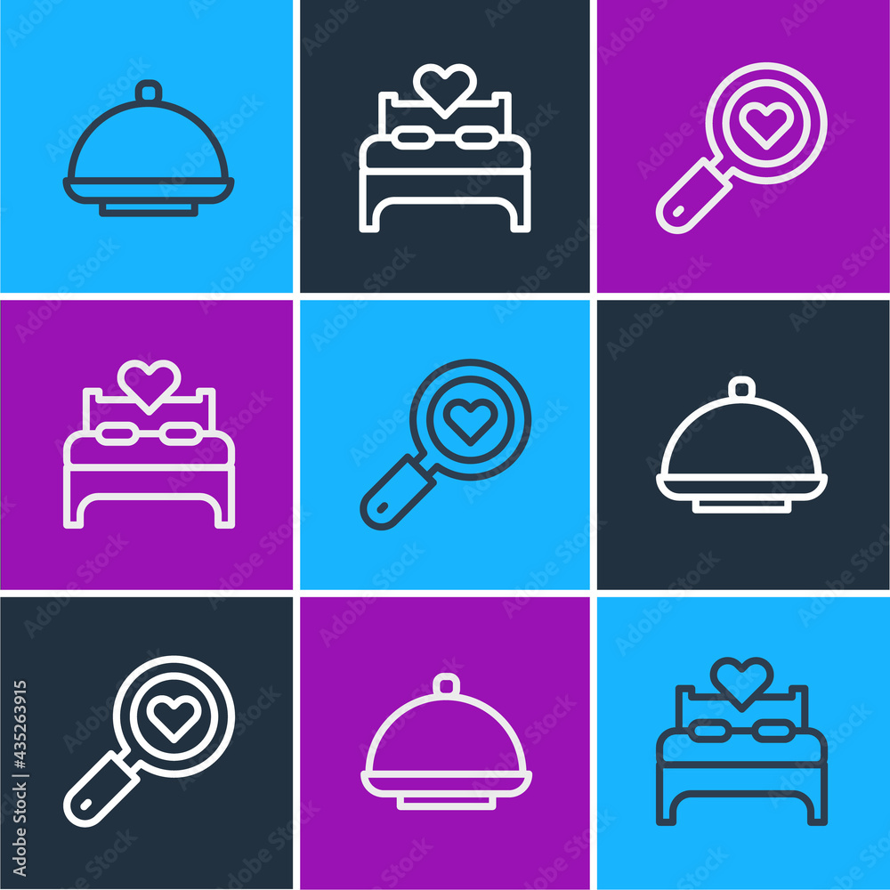 Set line Covered with tray, Search heart and love and Bedroom icon. Vector