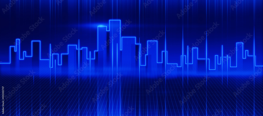 智能城市概念，抽象壁纸，深色背景上有蓝色发光的数字城市轮廓