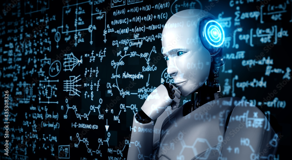 思维AI类人机器人用艺术分析数学公式和科学方程的屏幕