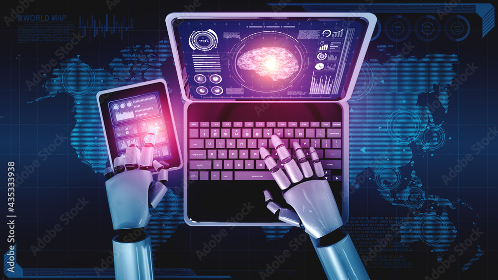 在人工智能思维大脑、人工智能的概念中，人形机器人使用笔记本电脑并坐在桌子旁