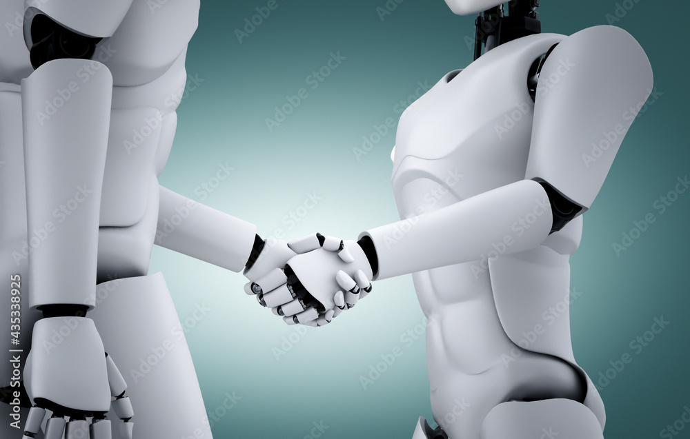 3D渲染人形机器人握手，通过人工智能思维协作未来技术开发br