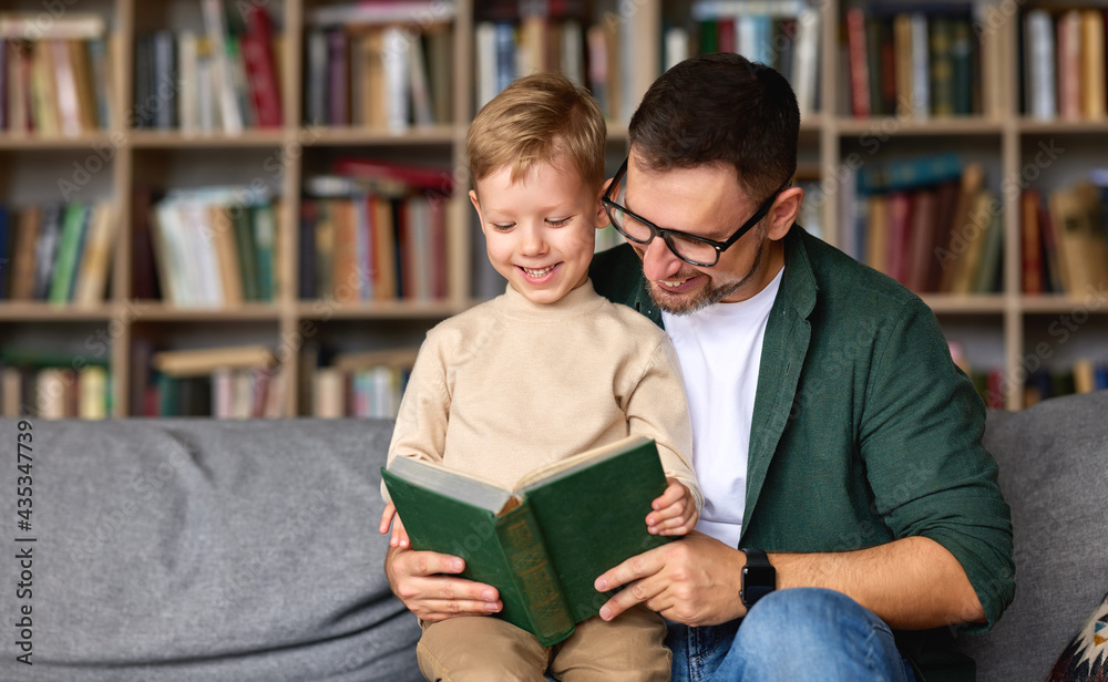 年轻慈爱的父亲在ho的客厅里悠闲地给年幼的儿子读书