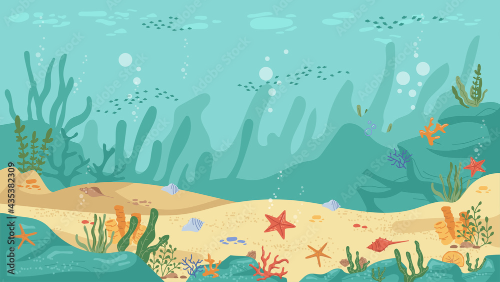 海底世界海底，藻类和珊瑚礁，海星和鱼类，平面卡通背景。Vect