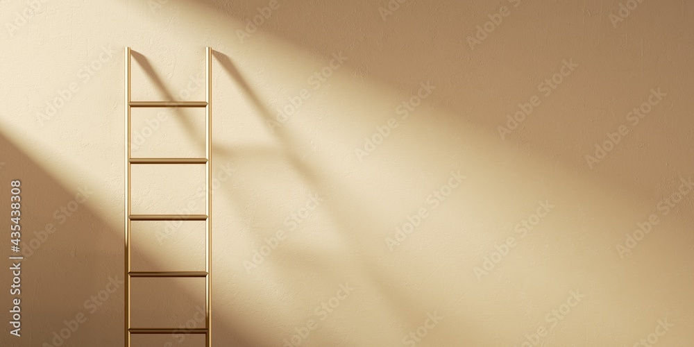 3d render. Beige wall with the ladder and sunlight. Abstract background