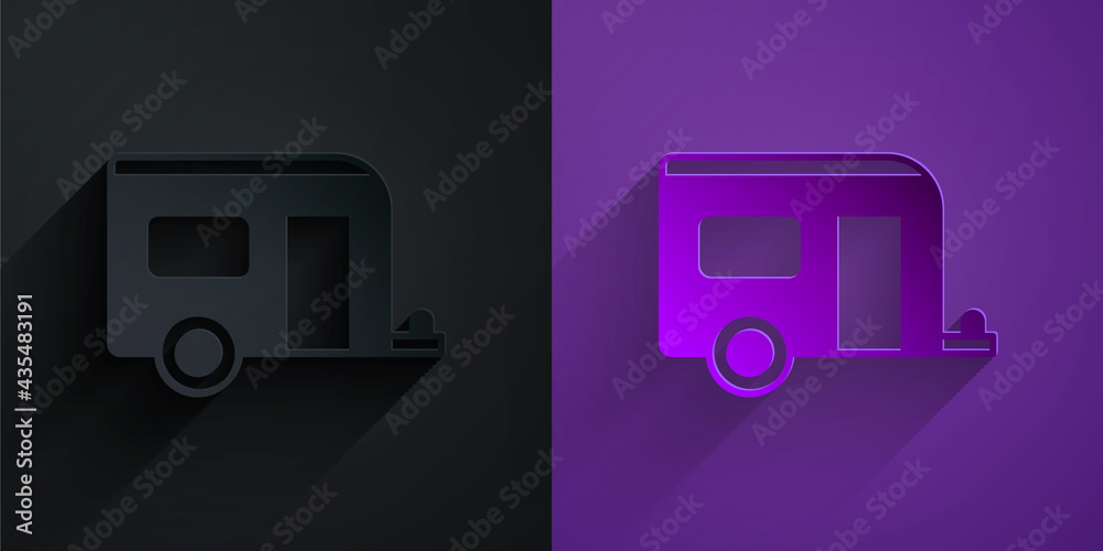 剪纸Rv露营拖车图标隔离在紫色背景的黑色上。旅行移动房屋，卡拉瓦