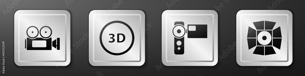 设置电影摄像机、3D字、电影摄像机和电影聚光灯图标。银色方形按钮。矢量