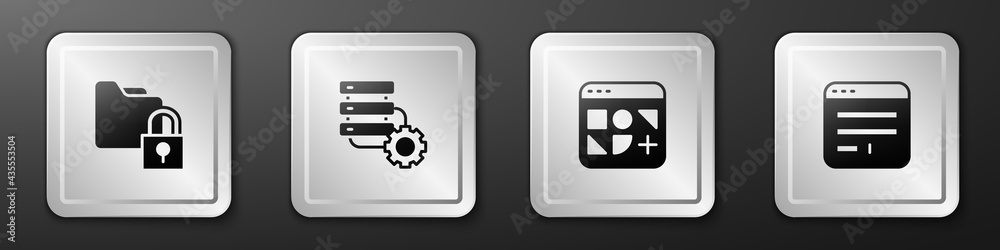 设置文件夹和锁定、服务器设备、不同文件和浏览器窗口图标。银色方形按钮。Vec