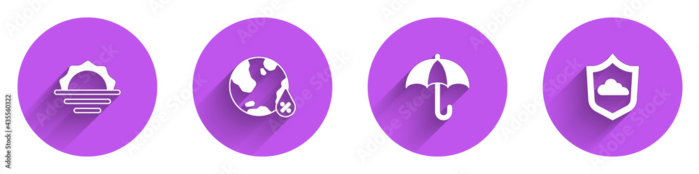 Set Sunrise, Water drop percentage, Umbrella and Weather forecast icon with long shadow. Vector